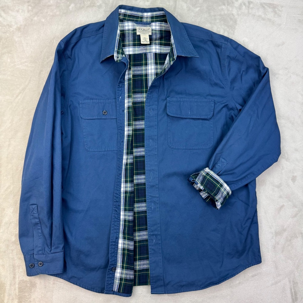 Vintage LL Bean Flannel Mens Large Blue Plaid Lined Hurricane Shirt Jacket